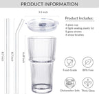 Puraville 4 Pack 20oz Glass Cups with Lids and Straws, Vintage Ribbed Glassware for Whiskey Cocktail Beer, Mason Jar Drinking Glasses Tumbler Iced Coffee Cup