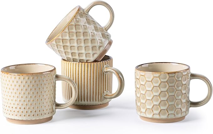 GBhome 6OZ Stackable Coffee Mugs, Ceramic Coffee Mugs with Texture Patterns for Man,Woman,Dad,Mom, Modern Coffee Cups Set of 4 for Espresso/Cappuccino. Dishwasher&Microwave Safe