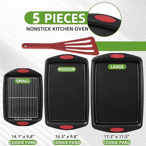 5-Piece Nonstick Baking Pans Set - Premium Carbon Steel Bakeware with PFOA/PFOS/PTFE-Free Coating, Red Silicone Handles (Black Red)