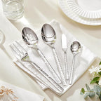KINGSTONE 65 Piece Hammered Silverware Set with Serving Utensils, 18/10 Stainless Steel Flatware Set for 8, Cutlery Set for Home, Party, Wedding, Mirror Polished Dishwasher Safe