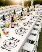 BESTVIP 350Pcs Clear Black Plastic Plates for Party, Disposable Dinnerware Set for 50 Guests, 100 Plastic Plates, 50 Cups, 50 Pre-Rolled Napkins with Cutlery for Graduation Party, Wedding, Halloween