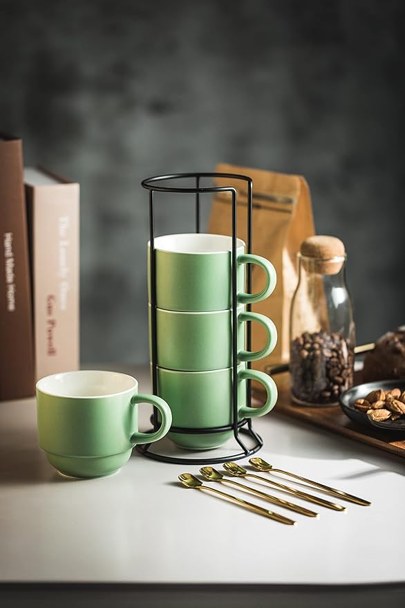 YHOSSEUN 11 Oz Coffee Mugs with Rack and Metal Spoon - Christmas Coffee Cups with Stand for Espresso, Latte, Cappuccino - Ceramic Tea Cup Demitasse Cups Set of 4 for Coffee Time, Green