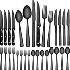 CEKEE 24 Piece Silverware Set for 4 With Steak Knives, Stainless Steel Black Flatware, Utensils, Tableware Cutlery for Home & Kitchen, Hand Wash Recommended