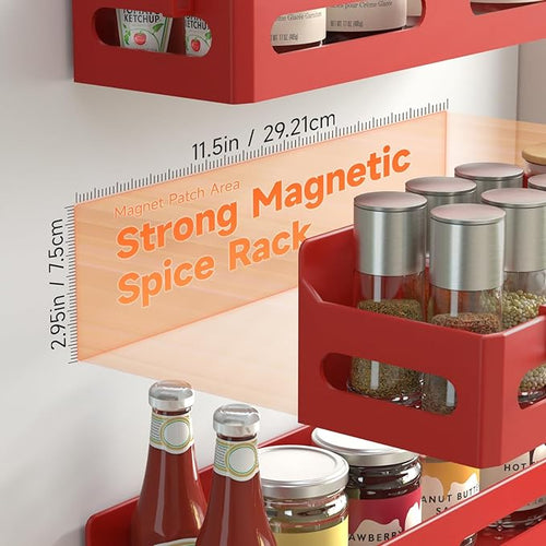 4 Pack Strong Magnetic Spice Rack for Refrigerator, Multipurpose Magnetic Shelf for Fridge with 4 Hooks for kitchen and Bathroom Organization, Red