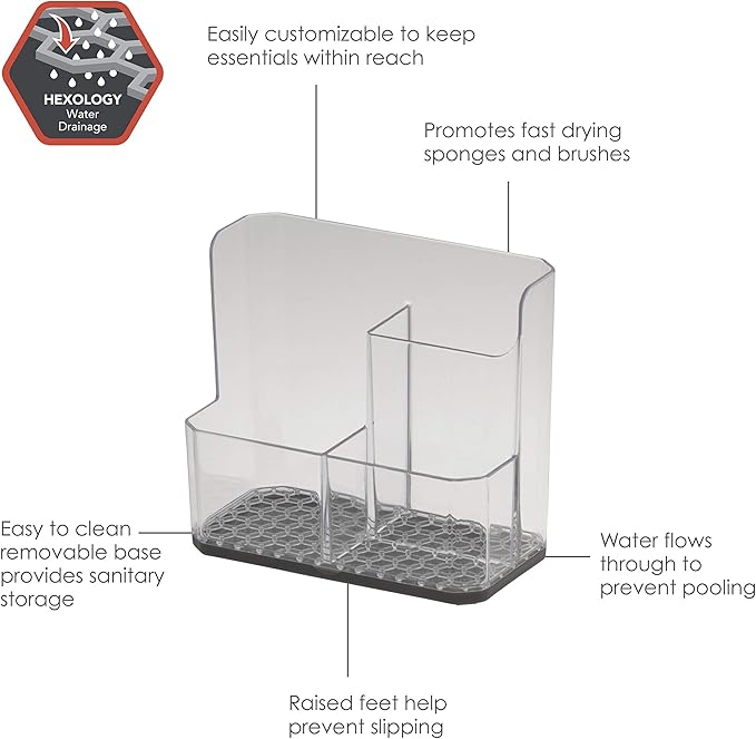 Spectrum Sponge and Brush Holder for Kitchen Sink Storage, Hexa Quick-Dry Organizer with 3 Compartments, Removable Base Sink Caddy for Dish Brushes & Sponges, Compact Design, Clear & Gray