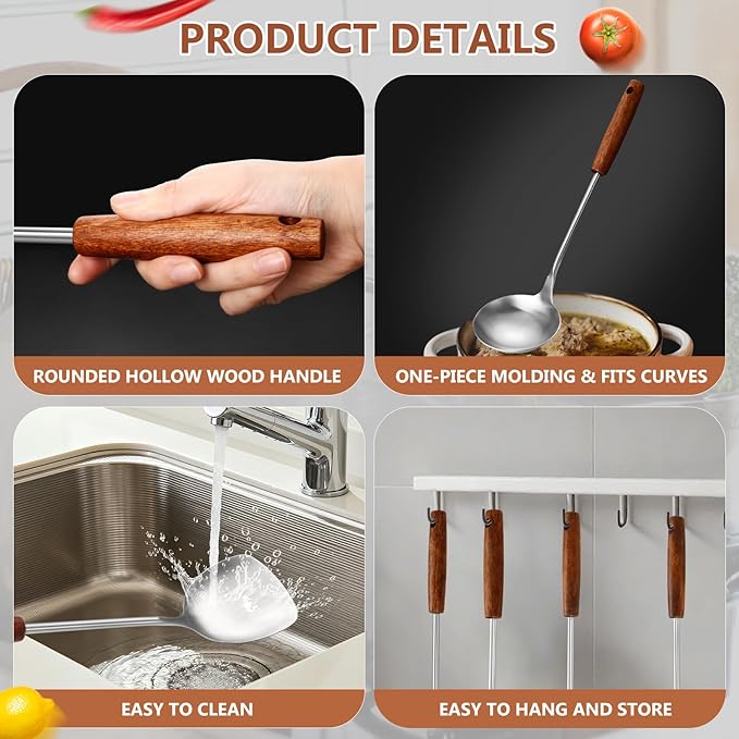 304 Stainless Steel Kitchen Utensils Set, 8 Pcs Long Cooking Utensils Set with Wooden Handle, Large Heat Resistant Kitchen Tools(Dishwasher Safe)