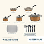Farberware Cookstart DiamondMax Nonstick Cookware/Pots and Pans Set, Dishwasher Safe, Includes Baking Pan and Cooking Tools, 15 Piece - Copper
