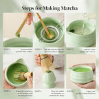 DOWAN Matcha Whisk Set, 7 Pcs Matcha Set Includes Bowl with Spout, Whisk and Holder, Bamboo Scoop and Holder, Sifter and Tea Towel - Matcha Kit Gift for Lovers Beginners (Green)