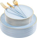 DaYammi 150Pcs Blue Plastic Plates with Gold Rim,Disposable Blue Party Plates Include 30 Dinner Plate,30 Salad Plate,30 Forks,30 Knives,30 Spoons,Fancy Disposable Platos for Party,Wedding,Baby Shower