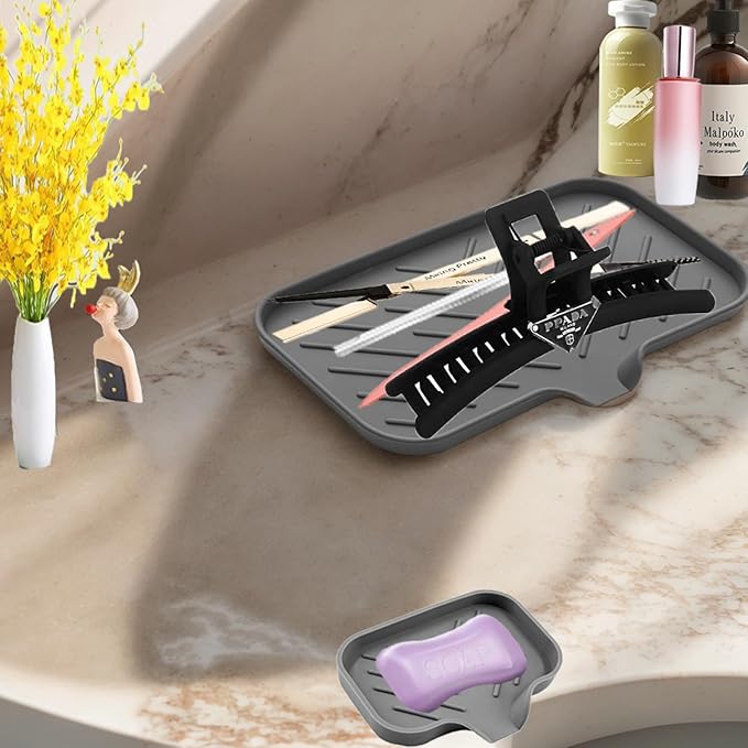 2 PC Sponge Stand for Kitchen Sink and Soap Tray for Bathroom Sink, Silicone Soap Dish with Drain and Toothbrush Holder, Cutlery Dispenser, Tray and Utensil Organizer