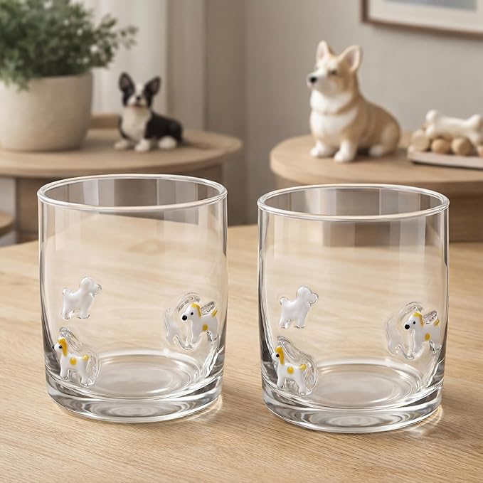 Skylety 2 Pack Icon Juice Glasses, 14 oz Stemless Glass Cups, Puppy Juice Cocktail Wine Coffee Drinking Cups for Engagement Wedding Anniversary Valentines Party Supplies