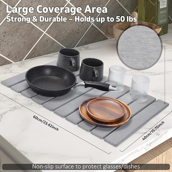 Large Stone Dish Drying Mat for Kitchen Counter, 24"×16", Collapsible Quick Dry Dish Drying Mat, Ultra Absorbent Diatomaceous Earth Mats for Dishes Bottles Cups, Match Any Countertop - Grey