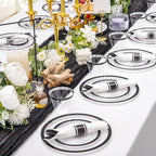 Liacere 350PCS - Clear Plates with Black Rim for 50Guests Dinnerware Include 100 Clear Plates disposable 150 Black Silverware 50 Napkins for Party & Graduation