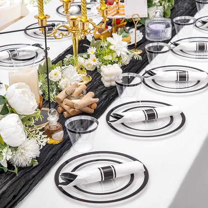Liacere 350PCS - Clear Plates with Black Rim for 50Guests Dinnerware Include 100 Clear Plates disposable 150 Black Silverware 50 Napkins for Party & Graduation