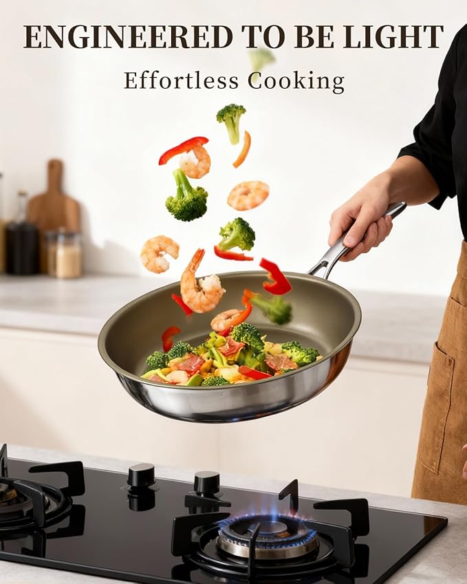 Nonstick Frying Pan Skillet 11inch, 18/10 Stainless Steel Pan, Titanium Pan with Cool Touch Handle, Non Stick Pan, PTFE & PFOA Free, Dishwasher & Oven Safe, Compatible with All Cooktops