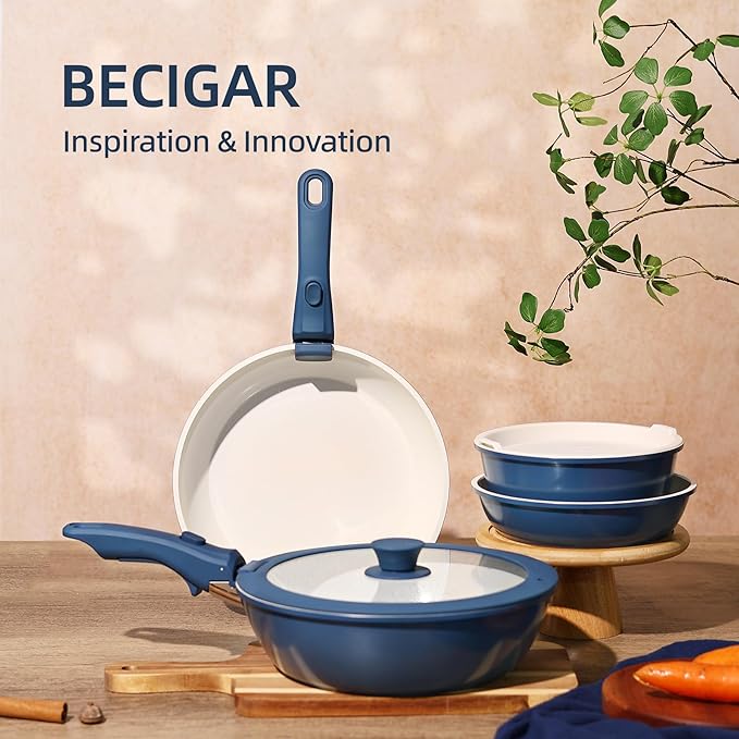 23pcs Ceramic Pots and Pans Set, Nonstick Detachable Handle Cookware, Induction Kitchen Cooking Set with Removable Handle,include Frying Pans & Saucepans Oven Safe(Blue)