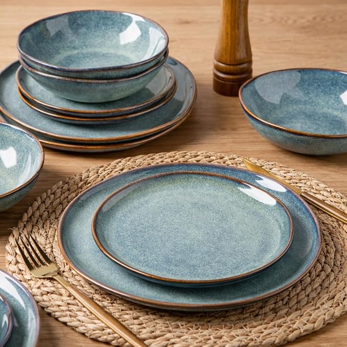 AmorArc Ceramic Dinnerware Sets,Handmade Reactive Glaze Stoneware Plates and Bowls Sets,Highly Scratch Resistant | Dishwasher & Microwave Safe Dishes Set,Service for 6 (18pc)