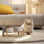 Elevated Ceramic Dog Bowl Set - Raised Feeding Bowls with Non-Slip Bamboo Stand - Small Pet Dishes for Food and Water - Ideal for Cats and Puppies - 16.23 OZ - 2 Cups - 480 ML