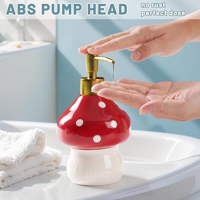 RQYIXI 17 Oz Mushroom Ceramic Soap Dispenser with ABS Pump,Refillable Liquid Bathroom soap Dispenser for Lotion,Body Wash,Cute Kitchen Soap Dispenser for Dish Soap,Hand Soap