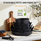 Ammeloo 21 Pcs Pots and Pans Set Non Stick, Ceramic Kitchen Cookware Set with Detachable Handle, Non Toxic Cooking Set for Kitchen, RV, Camping and Fridge, Induction Ready, Dishwasher/Oven Safe, Black