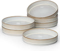 E-far Pasta Bowls Set of 6, 35oz Large Salad Bowl Plate for Dinner Serving, Wide & Shallow Ceramic Stoneware Pasta Plates, Microwave & Dishwasher Safe, Reactive Glaze Textured Stripes, Creamy Beige