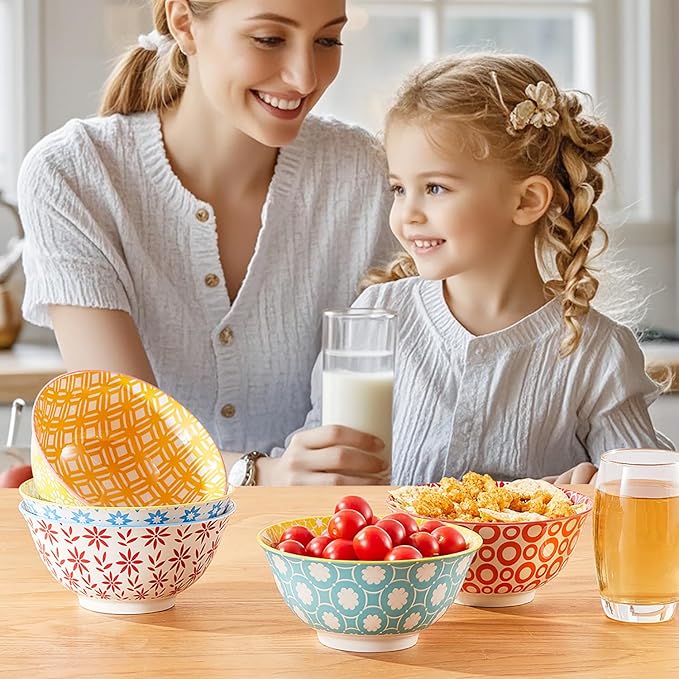 AntoKueh 23 OZ Colorful Large Ceramic Bowl Set of 6 6 inch Deep Porcelain Cereal Bowls for Salad, Soup, Snack and Rice，Dishwasher/Microwave safe