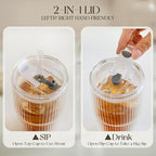 KEMORELA 16oz Ribbed Glass tumbler with Lids and Straws 2pcs,Double Wall Iced Coffee Cups with Lids,Coffee Bar Accessories, Insulated Borosilicate Glass Tumblers, To Go Coffee Cups, Spill proof