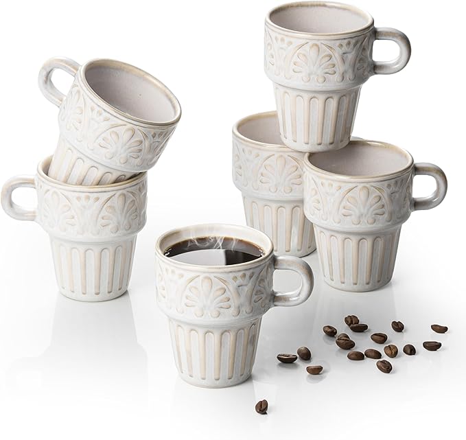 LYEOBOH Cappuccino Cups, Espresso Cups, Coffee Mugs Set of 6, Ceramic Cup, 6 OZ Beige Stackable Mug Set of 6, Easy To Clean Comfortable Handle for All Ages, Great for Party Dinner & Festival Gifts