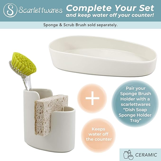 scarlettwares Kitchen Sink Caddy Dish Sponge Holder and Scrub Brush Dish Wand Holder Ceramic White Farmhouse Modern