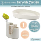 scarlettwares Kitchen Sink Caddy Dish Sponge Holder and Scrub Brush Dish Wand Holder Ceramic White Farmhouse Modern