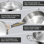 EWFEN 12 Inch Tri-Ply Stainless Steel Frying Pan, Compatible with All Cooktops Up to 600℉, Large Frying Pan with lids, Induction-Ready Skillet, Dishwasher and Oven Safe, Even Heat, 12" Pan+Handle+Lid