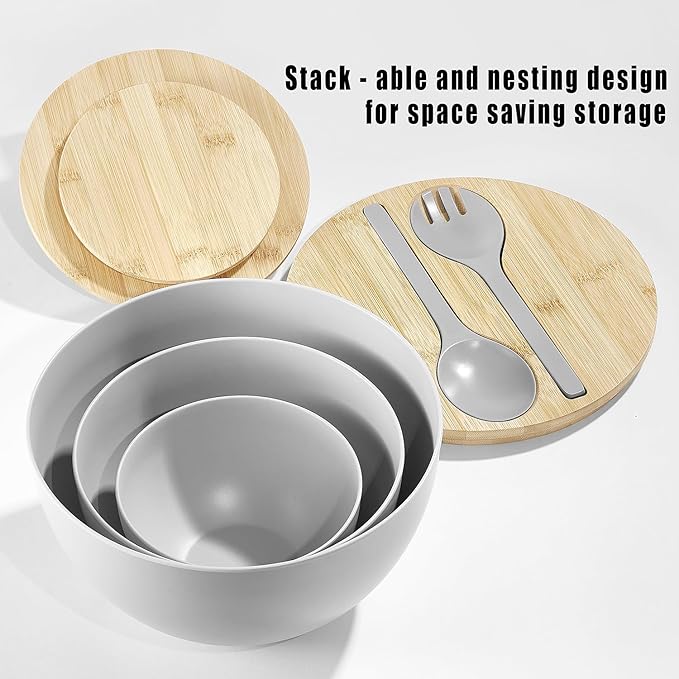 ECOWAY Salad Bowls Set of 3 with Lid & Serving Utensils, Bamboo Fiber Mixing Bowls Set Large Serving Bowls & Storage Set with Bamboo Lid for Salad, Kitchen Eating, Pasta, Popcorn, Chips, Fruit, Grey