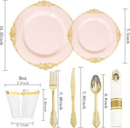 Nervure 175PCS Pink Plastic Plates - Disposable Pink Gold Party Plates & Pre Rolled Napkins with Cutlery for 25 Guests, 50Plates, 75Silverware, 25Cups, 25Napkin for Wedding & Party & Valentines