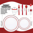 Ciaell 350 PCS Clear and Red Plastic Plates – Red Dinnerware Set for 50 Guests Include 100 Plastic Plates, 50 Pre Rolled Napkins with Cutlery Set, 50 Cups for Wedding & Party & Anniversary
