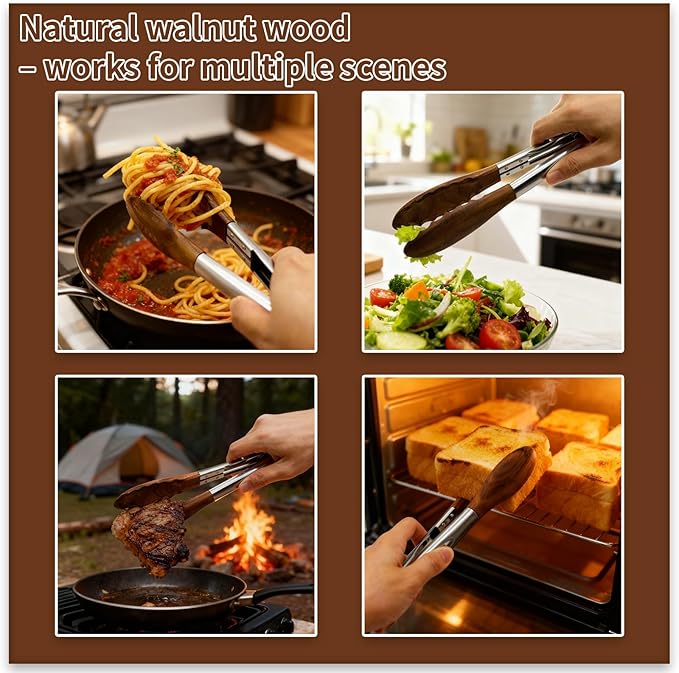 Wooden Tongs for Cooking & Serving Food, Anti-Slip Long Handle Wooden Kitchen Tongs Heat Resistant, Stainless Steel Salad Tongs with Walnut Wood Tip, Locking & Hanging Cooking Utensils Set