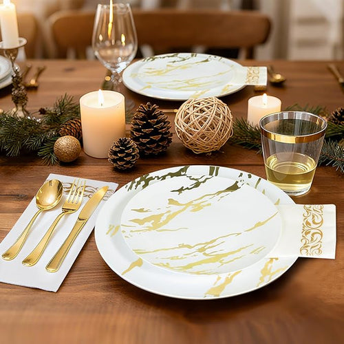 175pcs Gold Plastic Dinnerware Set – Elegant Disposable Plates, Cups, Utensils & Napkins for Wedding, Party, Birthday, Graduation