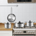 Stainless Steel Pots and Pans Set, 7-Piece Kitchen Cookware Sets with Glass Lids, Stay-Cool Handle, Oven Safe, Works with Induction/Electric and Gas Cooktops, Dishwasher