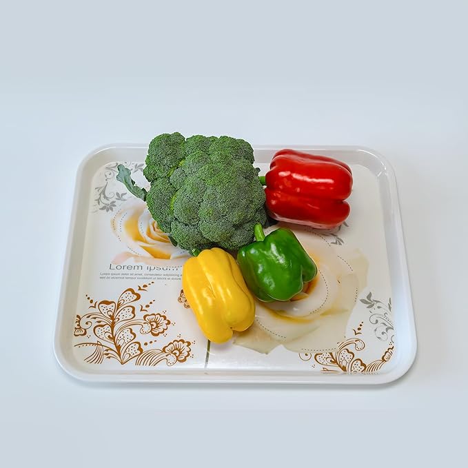 Large Serving Platter Melamine Trays 2 Pack Stackable Food Tray with Floral Print for Gift, Party, Decor, Home, Restaurant (Gold Rose, Medium)