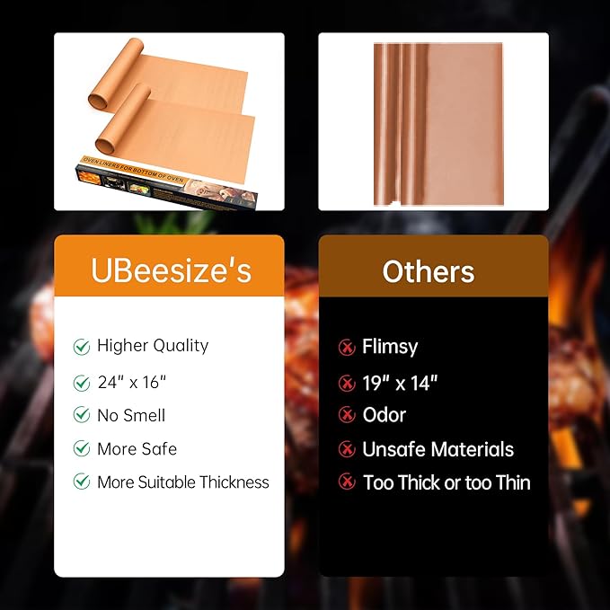 UBeesize 2 Pack XL Thickened Copper Oven Liners for Bottom of Oven, Reusable 17x25 Inch Heavy Duty Non Stick Teflon Oven Mats BPA & PFOA Free, Fit Electric Gas Toaster Convection Ovens Grills