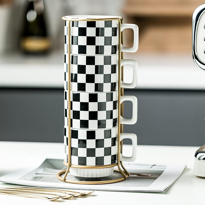 Miamolo Stackable Coffee Mug Set of 4 with Rack 11 oz Tea Cup Set with Little Spoon for Coffee Tea Cocoa Milk, Checkered Black and White Pattern Coffee Mug for Housewarming Gift