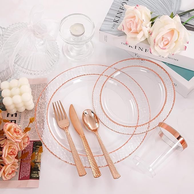 Liacere 350PCS Rose Gold Plastic Plates-Clear Rose Disposable Plates 50 Guests include 50 Dinner Plates,50 Salad Plates,50 Forks,50 Knives,50 Spoons,50 Cups,50 Napkins for Wedding & Mothers Day