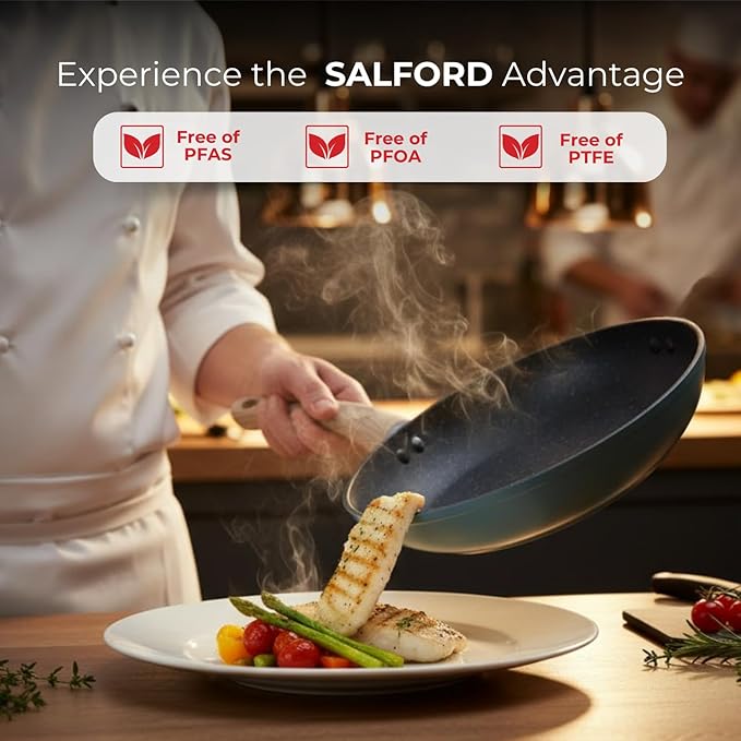 SALFORD 9.7 Inch Nonstick Frying Pan - Induction Compatible Ceramic Forged Skillet for Egg Omelet & Pancakes with Bakelite Wooden Handle Chef Pans - PTFE, PFAS & PFOA Free