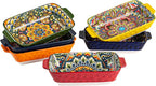 Henten Home Porcelain Rectangular Bowls with Handle - 20 oz Ceramic Pasta Bowls Set of 6, Colorful Bohemian Style Serving Dishes for Salad, Risotto, Oven,Microwave & Dishwasher Safe