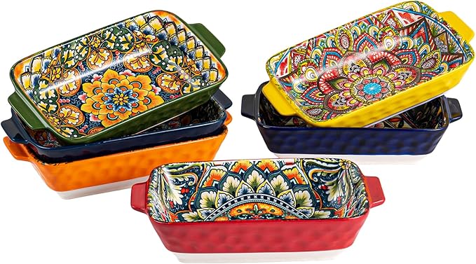 Henten Home Porcelain Rectangular Bowls with Handle - 20 oz Ceramic Pasta Bowls Set of 6, Colorful Bohemian Style Serving Dishes for Salad, Risotto, Oven,Microwave & Dishwasher Safe