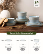Famiware Saturn Stoneware Dinnerware Sets for 8 (24 Pieces), Ceramic Plates and Bowls Dish Sets with Hand-Painted Trim - Chip & Scratch Resistant, Microwave & Dishwasher Safe Tableware, Light Blue
