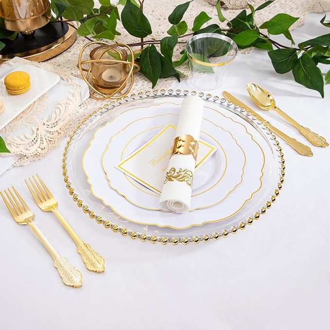 WDF Partyware 350 Pieces Gold Disposable Plates for 50 Guests, Plastic Plates for Party, Dinnerware Set of 50 Dinner Plates, 50 Salad Plate, 50 Spoons, 50 Forks, 50 Knives, 50 Cups for Mother's Day