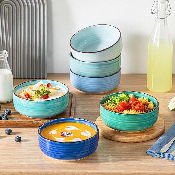 vancasso Bonita Cereal Bowl Set of 6, 24 Oz Ceramic Bowls for Kitchen, Dishwasher & Microwave Safe Bowls for Soup, Cereal, Dessert, Fruit, Blue Colored Bowl Set