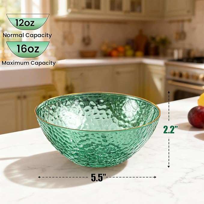 I00000 50 Pack 12 Ounce Clear Green Plastic Bowls Serving Bowls Hammered with Gold Rimmed, Heavy Duty Disposable Bowl Set,Small Bowls for Party Picnic