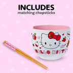 Silver Buffalo Sanrio Hello Kitty Apples and Hearts Doodles Ceramic Ramen Noodle Rice Bowl with Chopsticks, Microwave Safe, 20 Ounces