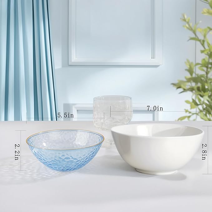I00000 30 Pack 12 Ounce Blue Plastic Bowls Hammered Clear Bowl with Gold Rimmed, Heavy Duty Disposable Bowl Set,Elegant Small Bowls for Party, Weddings, Catering
